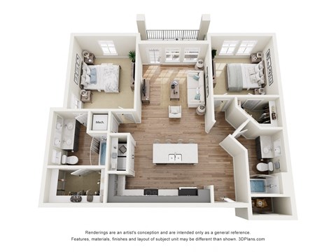A 3D floor plan of an apartment at Lofts at Seacrest Beach.
